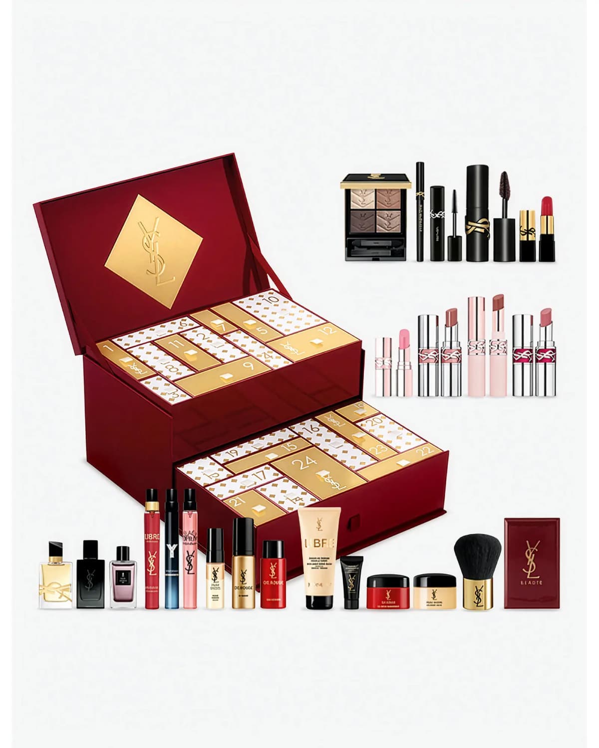 Open YSL Advent Calendar chest with numbered gold-and-white doors beside its lipsticks, mascaras, fragrance minis