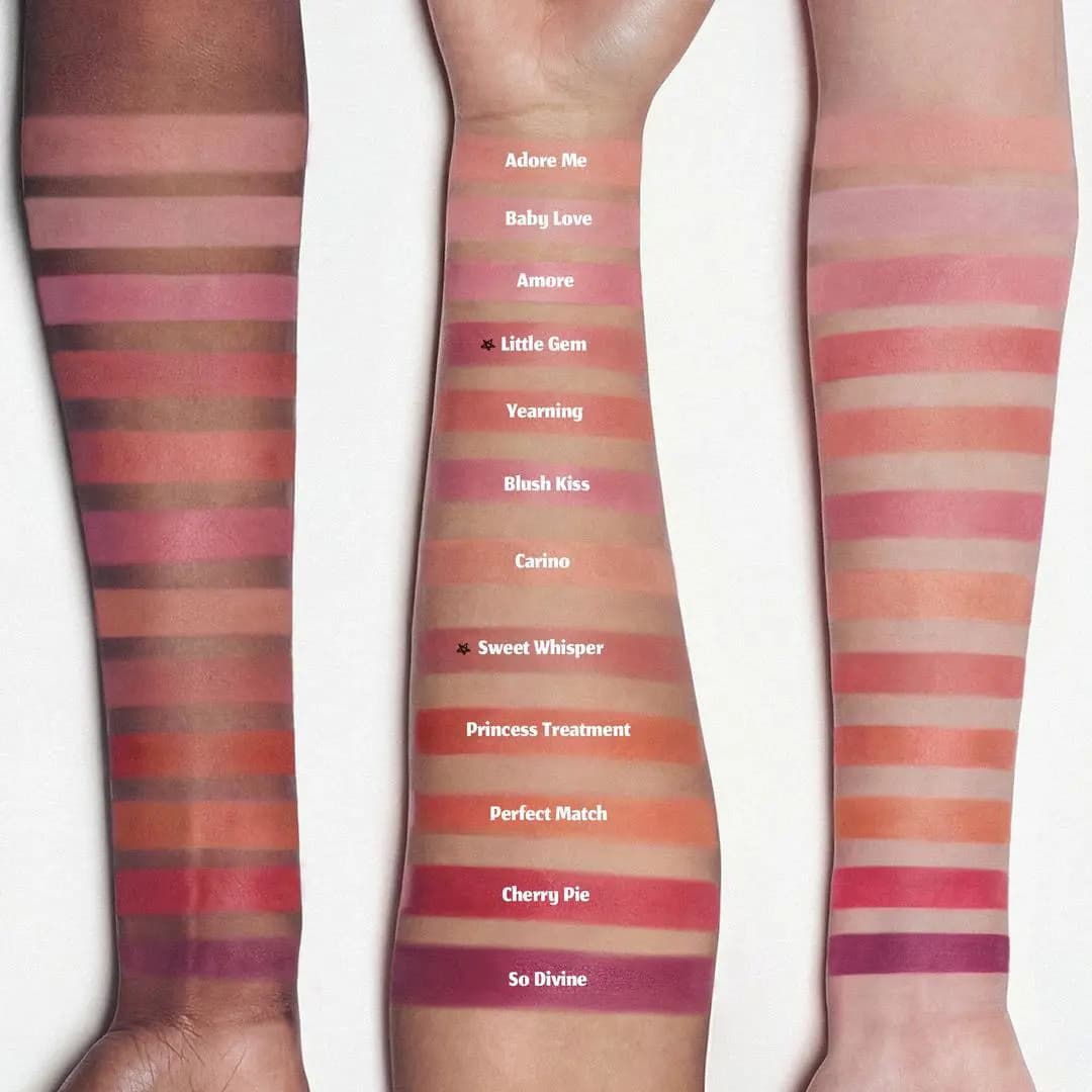 Three arms swatched with twelve matte blush shades ranging from soft pinks to deep berry, including Little Gem