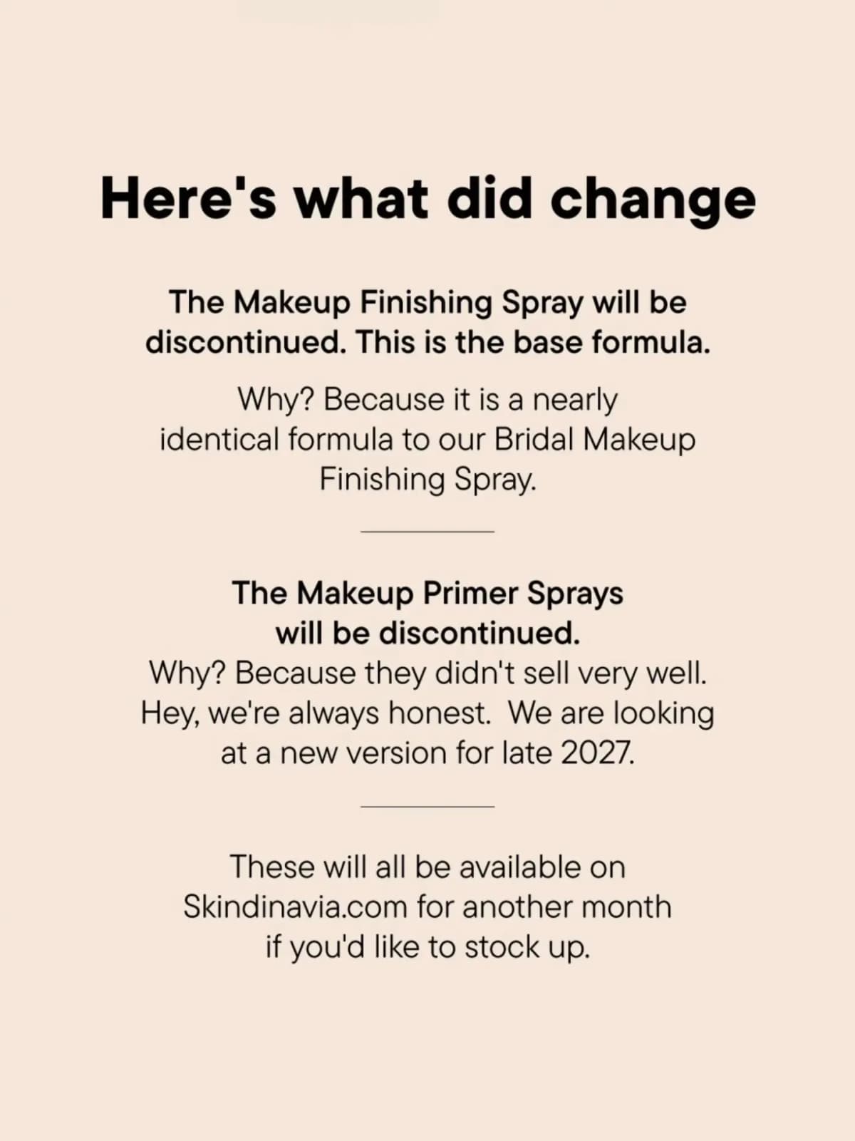 Text slide explaining the original Makeup Finishing Spray and Makeup Primer Sprays are being discontinued