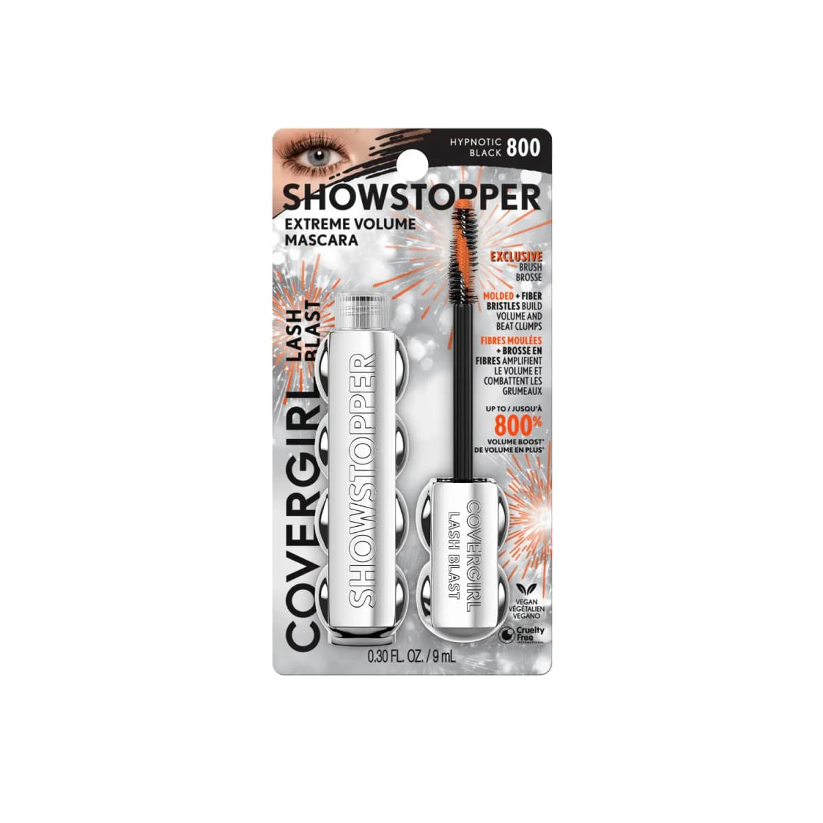 Retail blister pack of 800 Hypnotic Black Extreme Volume Mascara, 0.30 fl oz, with vegan and cruelty-free marks