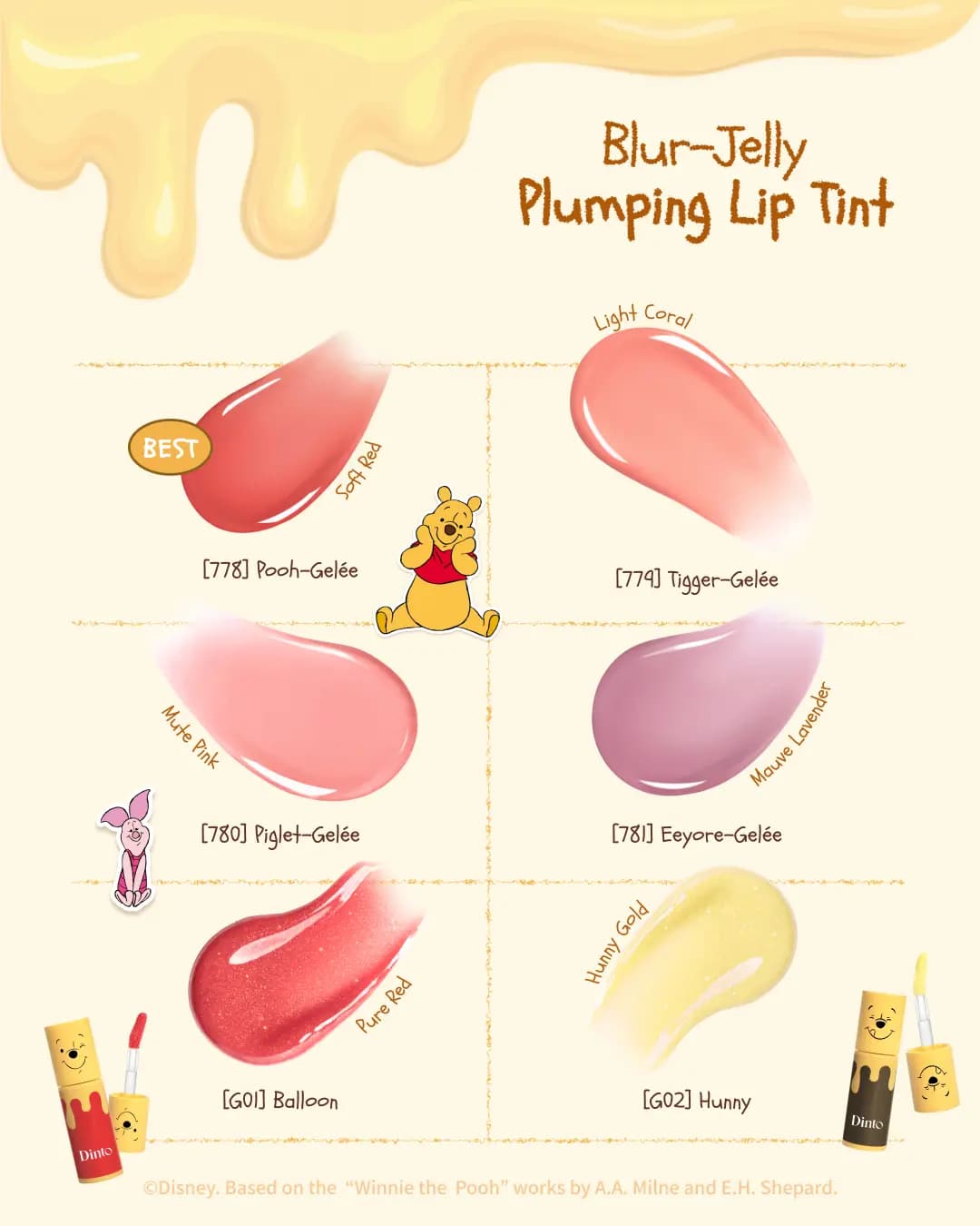 Blur-Jelly Plumping Lip Tint swatches from 778 Pooh-Gelée soft red to G02 Hunny gold glitter, with Pooh and Piglet