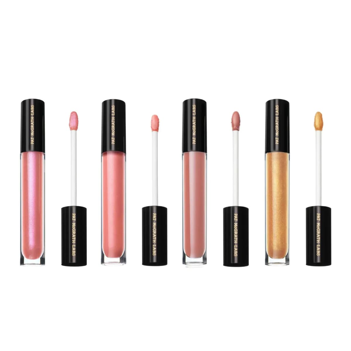 Four LUST: Gloss tubes in iridescent pink, coral, nude and gold, each shown beside its doe-foot applicator