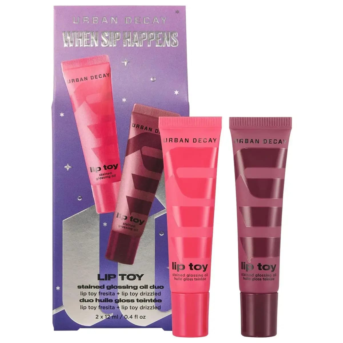 Urban Decay When Sip Happens Lip Toy duo box in purple with pink Fresita and mauve Drizzled tubes standing beside it