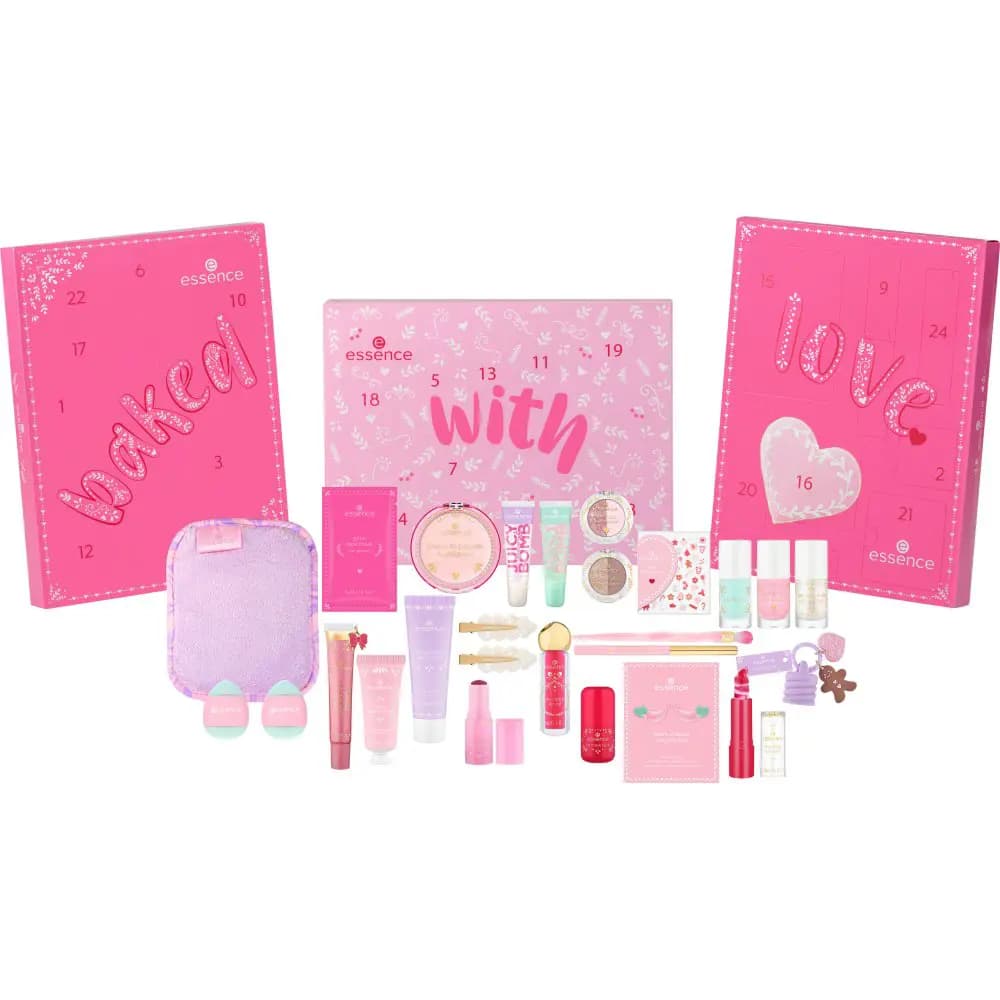Three-part pink advent calendar shown with its contents: lip glosses, eyeshadows, nail polishes, brushes and accessories