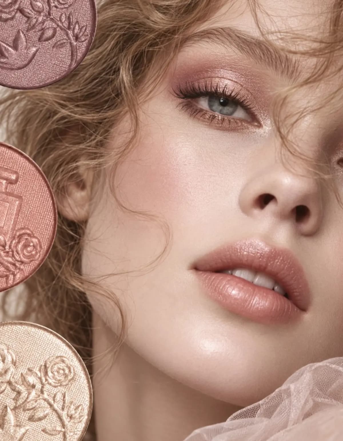 Blonde model with soft pink cheeks, rosy shimmer eyes and glossy peach lips framed by rose and champagne eyeshadow pans.
