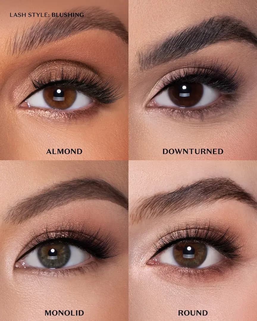 Four close-ups of Blushing lashes worn on almond, downturned, monolid and round eye shapes with bronze shadow