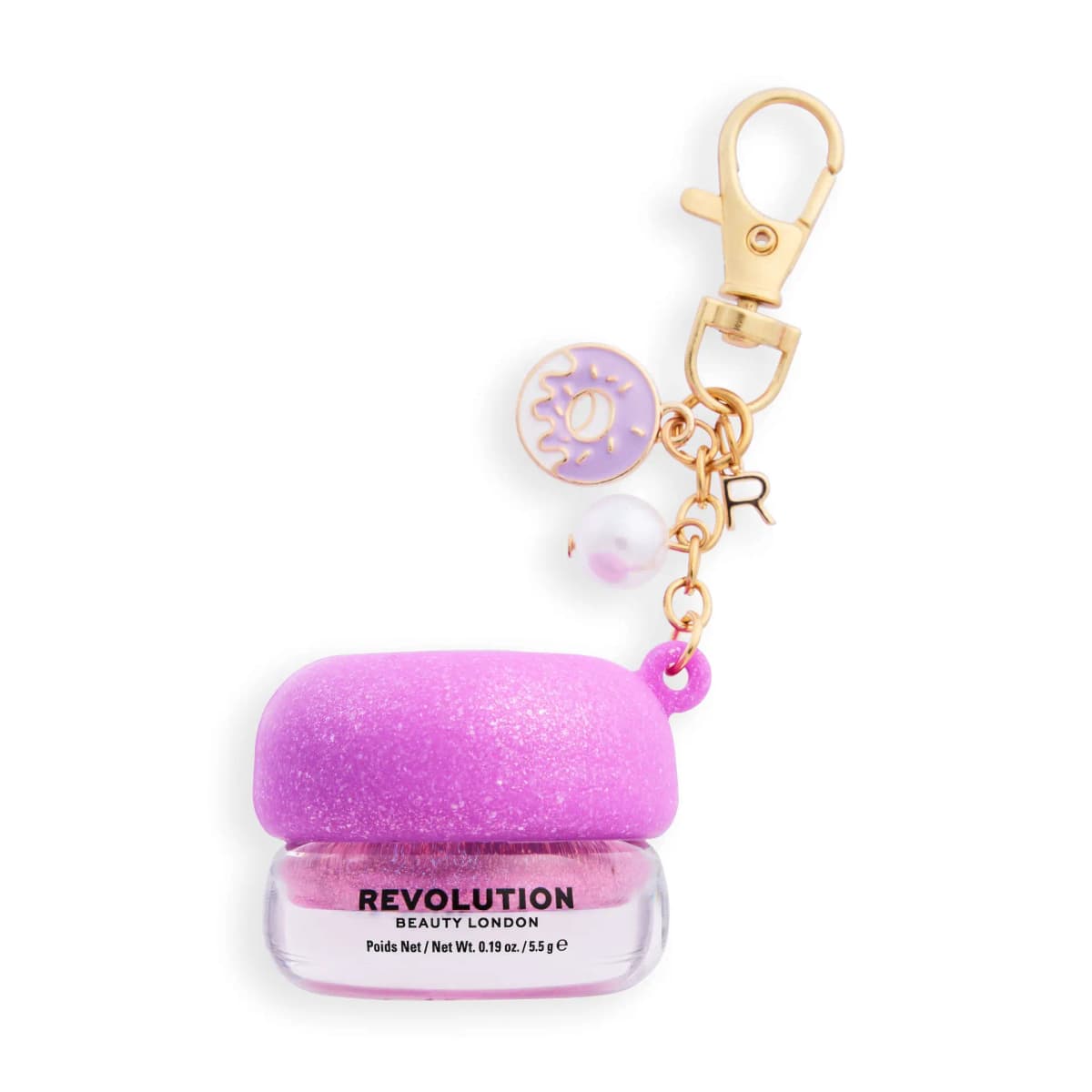 Pink jelly in a clear jar with a sparkly purple lid, lilac donut, pearl and R charms on a gold clasp