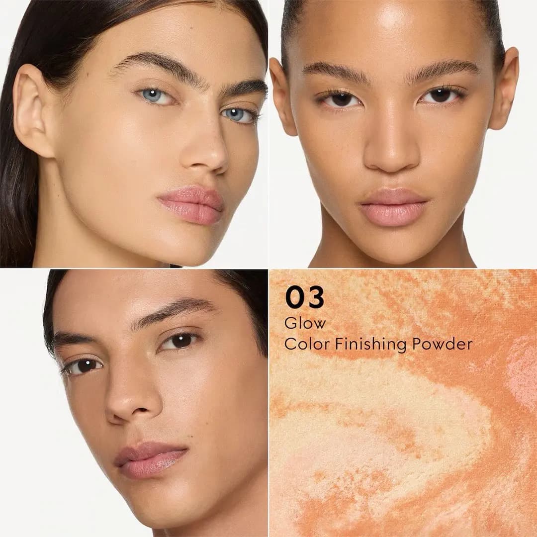 Shade 03 on three models with deeper skin tones and a warm glow, beside a close-up of orange marbled powder