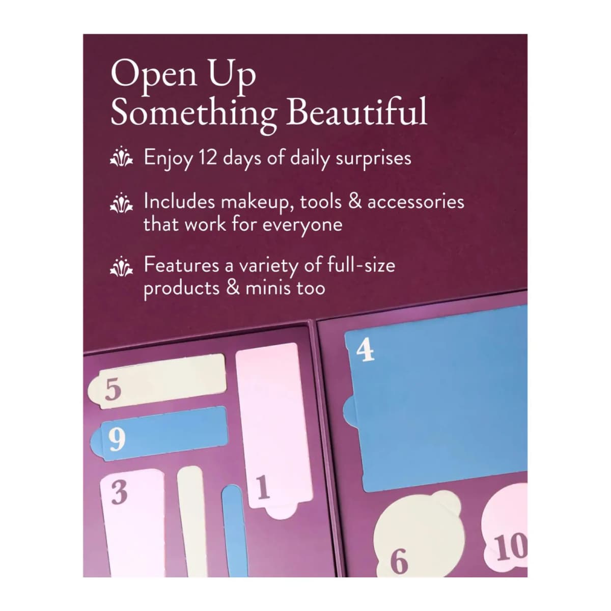 Open purple advent calendar with numbered pastel pink, blue and cream doors under text 'Open Up Something Beautiful