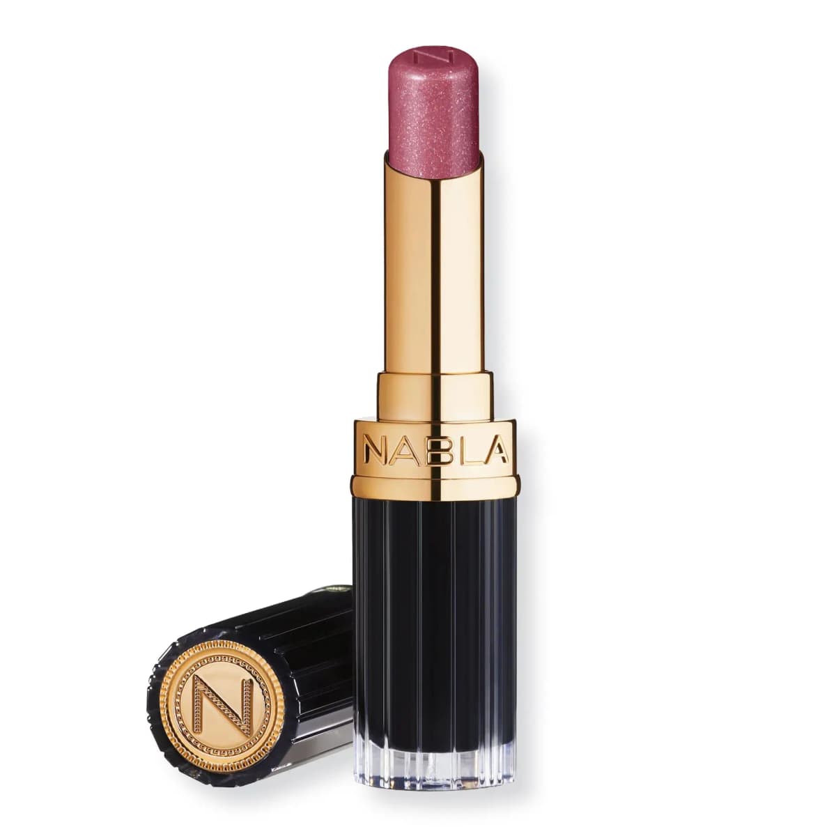 Shimmery mauve Beyond Jelly Lipstick in gold and black ribbed case with N-logo cap