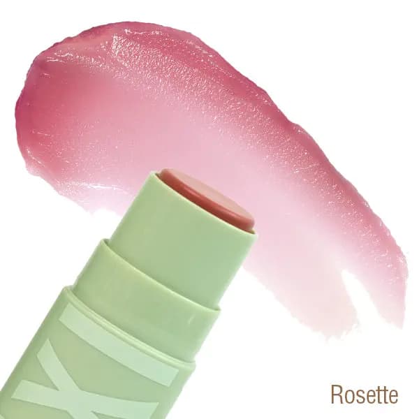 Mint green Pixi lip stick in Rosette, swiveled up beside a sheer glossy pink swatch