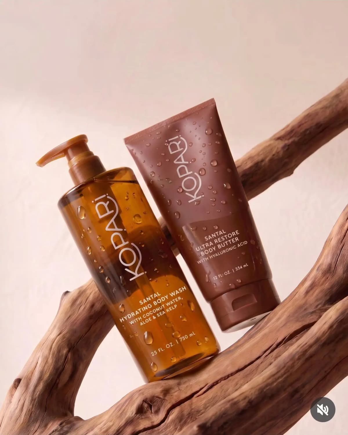 Amber Kopari Santal Hydrating Body Wash pump bottle and brown Ultra Restore Body Butter tube nestled in driftwood branches.