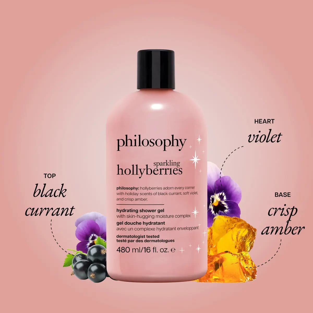 Pink philosophy sparkling hollyberries 16 oz shower gel with black currants, purple pansies and chunks of amber