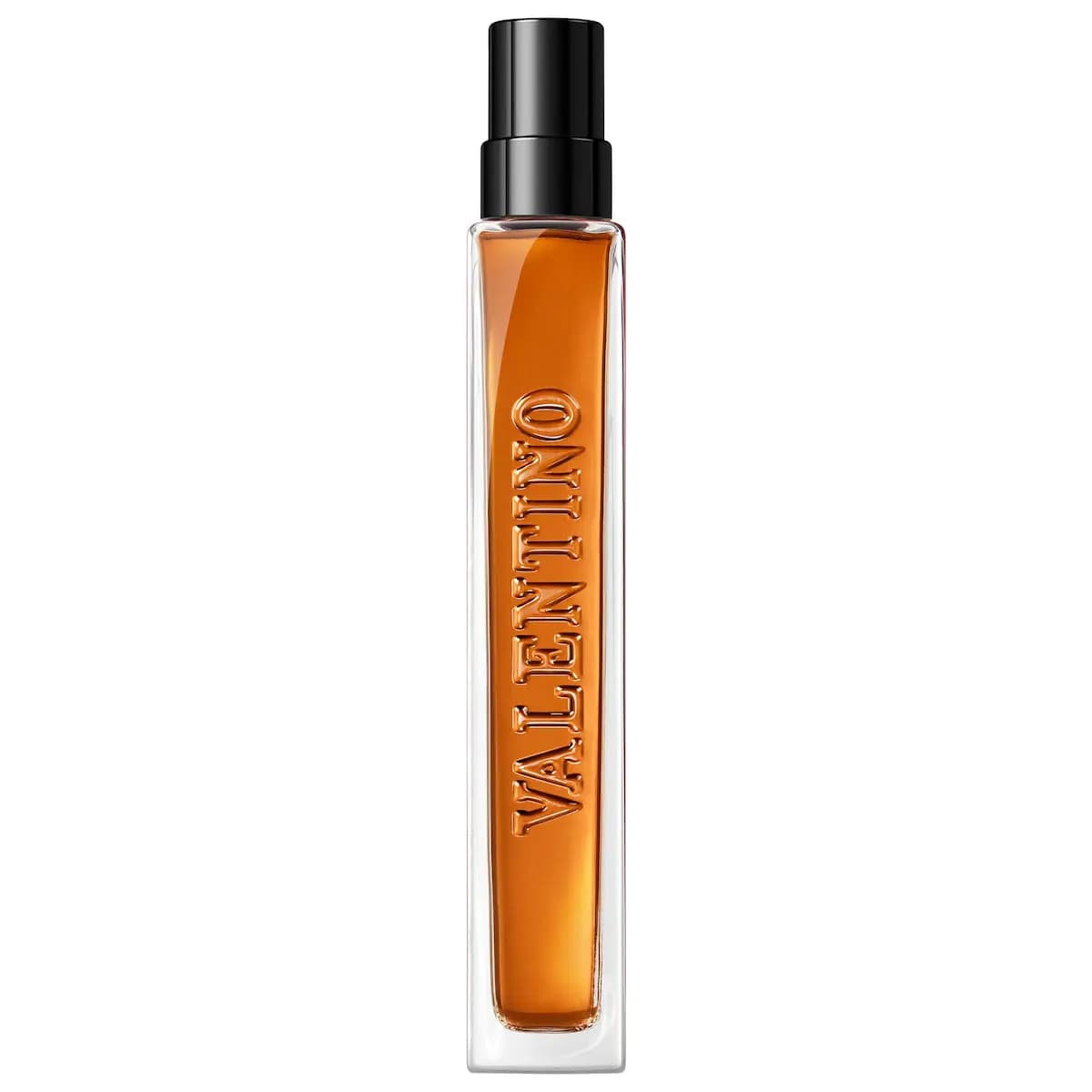 Slim amber travel spray with Valentino embossed vertically down the glass and black cap