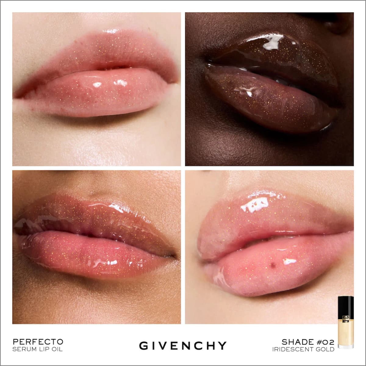 Perfecto Serum Lip Oil in N°02 Iridescent Gold, a glossy gold-flecked clear finish shown on four lip tones