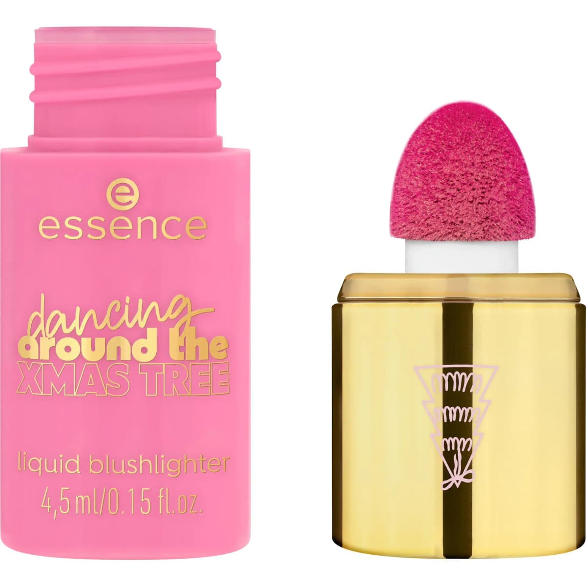 Pink liquid blushlighter bottle with gold cap and a bright pink cushion applicator