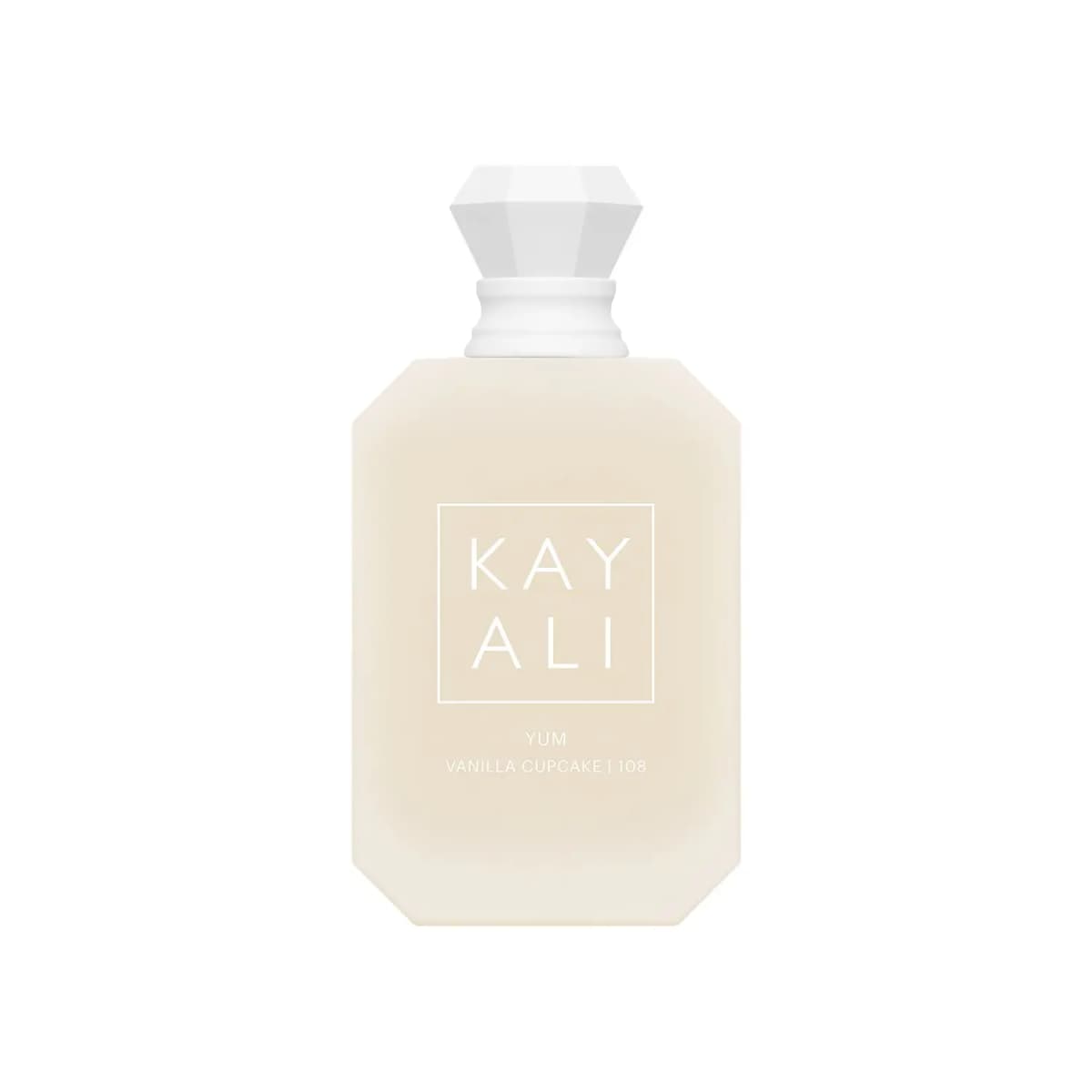 KAYALI Yum Vanilla Cupcake | 108 Eau de Parfum bottle in frosted cream glass with a white faceted cap on white