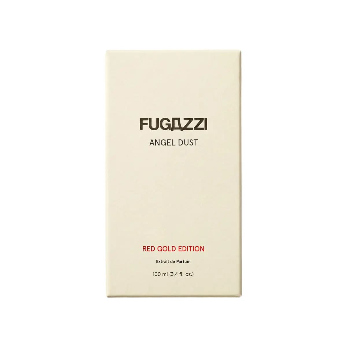 Textured cream box with dark FUGAZZI Angel Dust logo, red Red Gold Edition text and 100 ml label