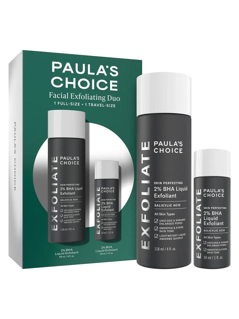 Facial Exfoliating Duo with full-size 118 ml and travel-size 30 ml 2% BHA Liquid Exfoliant bottles beside green box.