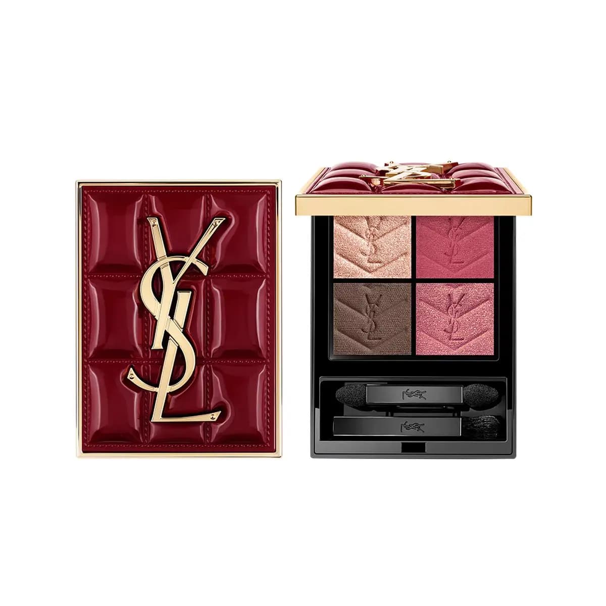 Couture Mini Clutch Holiday Collector in #1982 Burgundy Millesime: quilted burgundy lid with gold YSL logo beside the open four-shade quad
