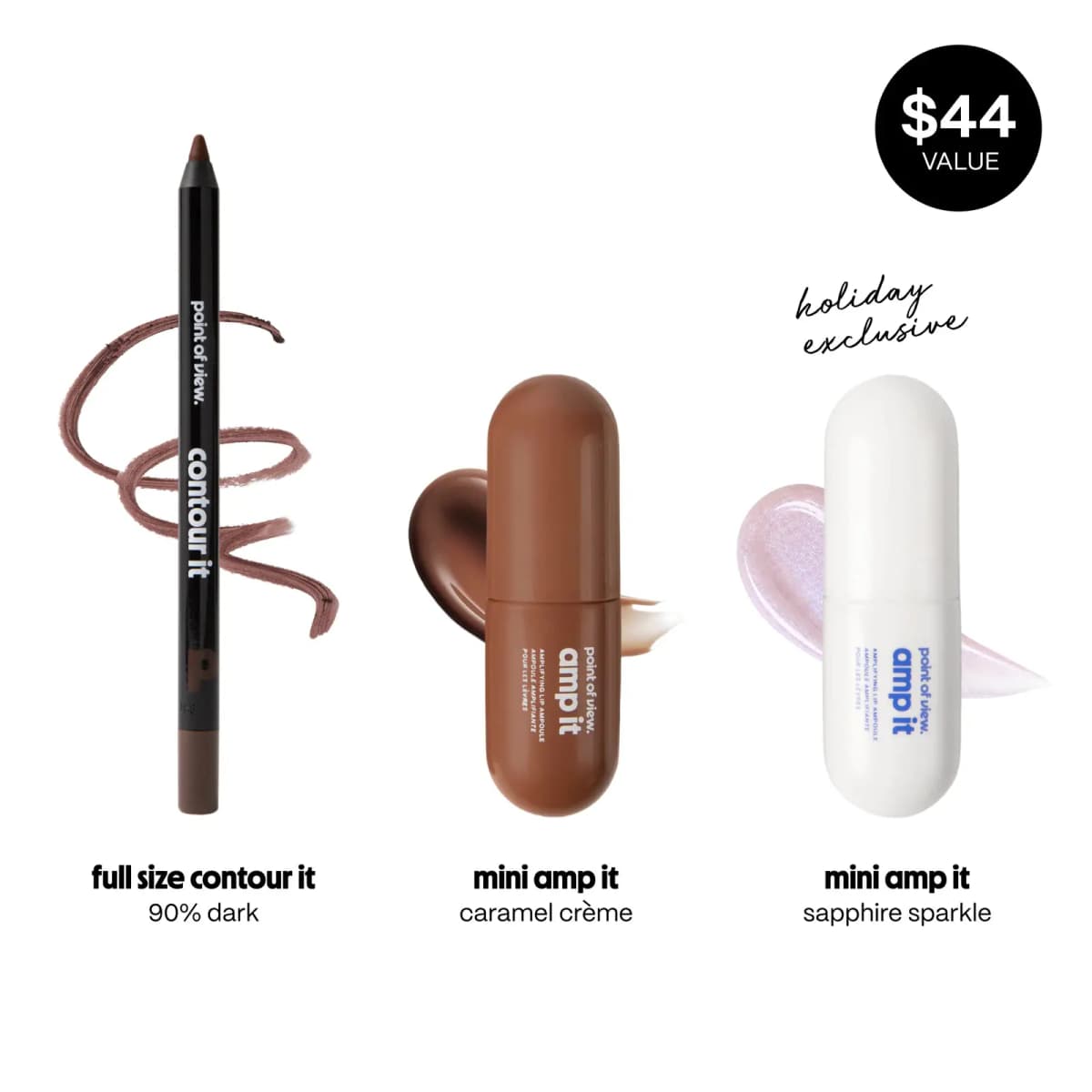 Contour it 90% dark liner with mini amp it caramel crème and sapphire sparkle glosses and swatches, $44 value