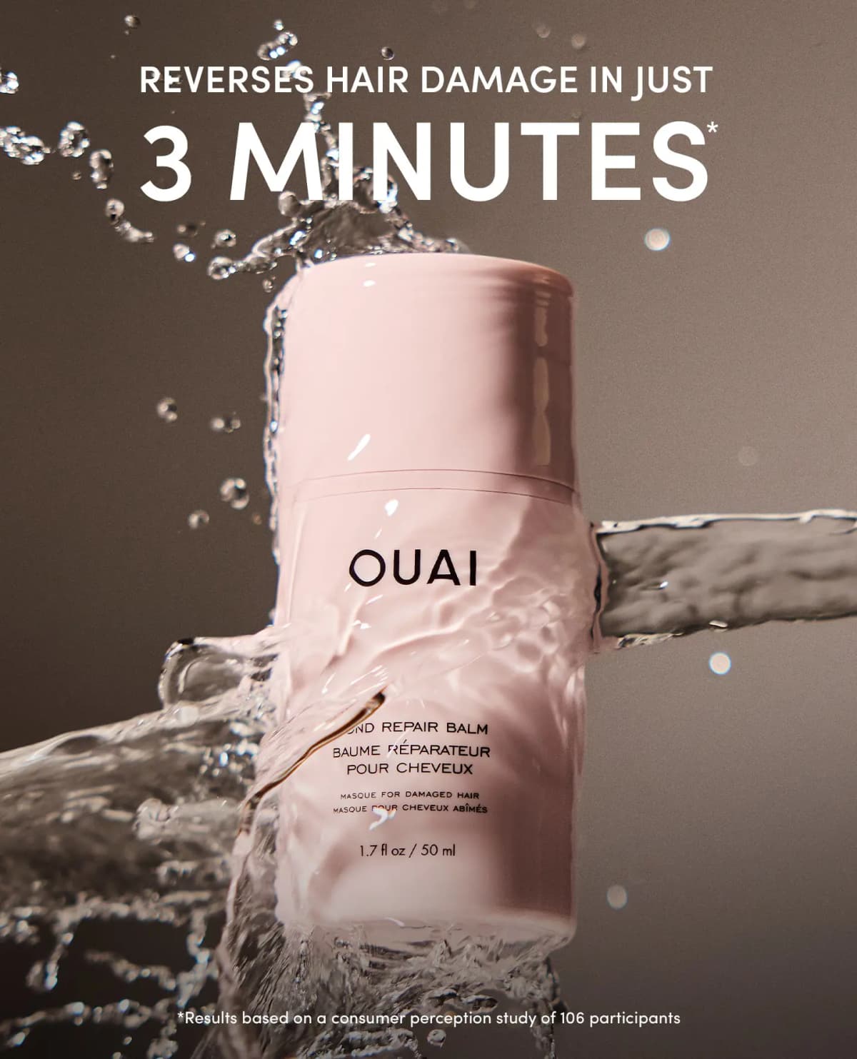 Pale pink Bond Repair Balm tube splashed with water under text claiming it reverses hair damage in 3 minutes