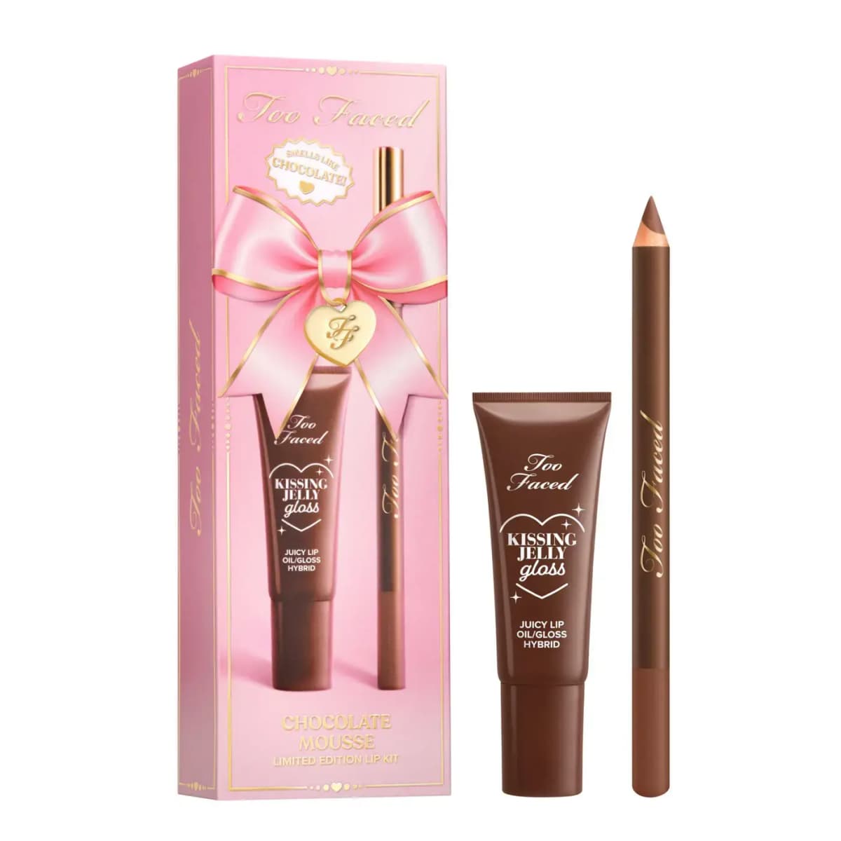 Chocolate Mousse lip kit with brown gloss tube and matching lip liner beside pink bow-topped gift box.