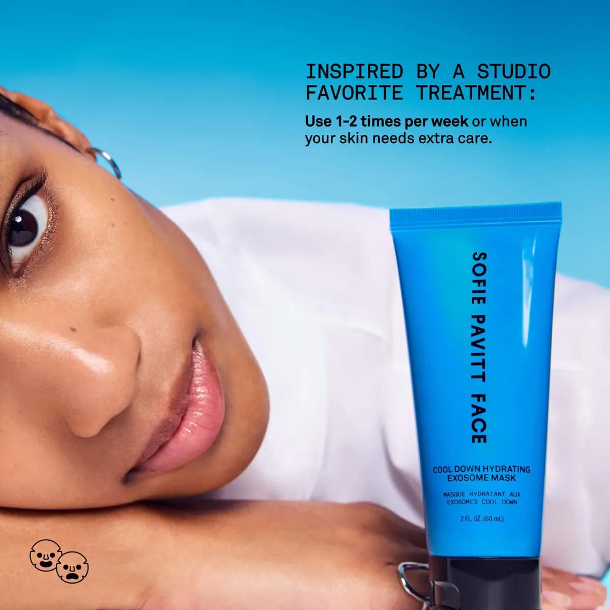 Model resting her head on her arm beside the blue Cool Down tube with text suggesting use 1–2 times per week