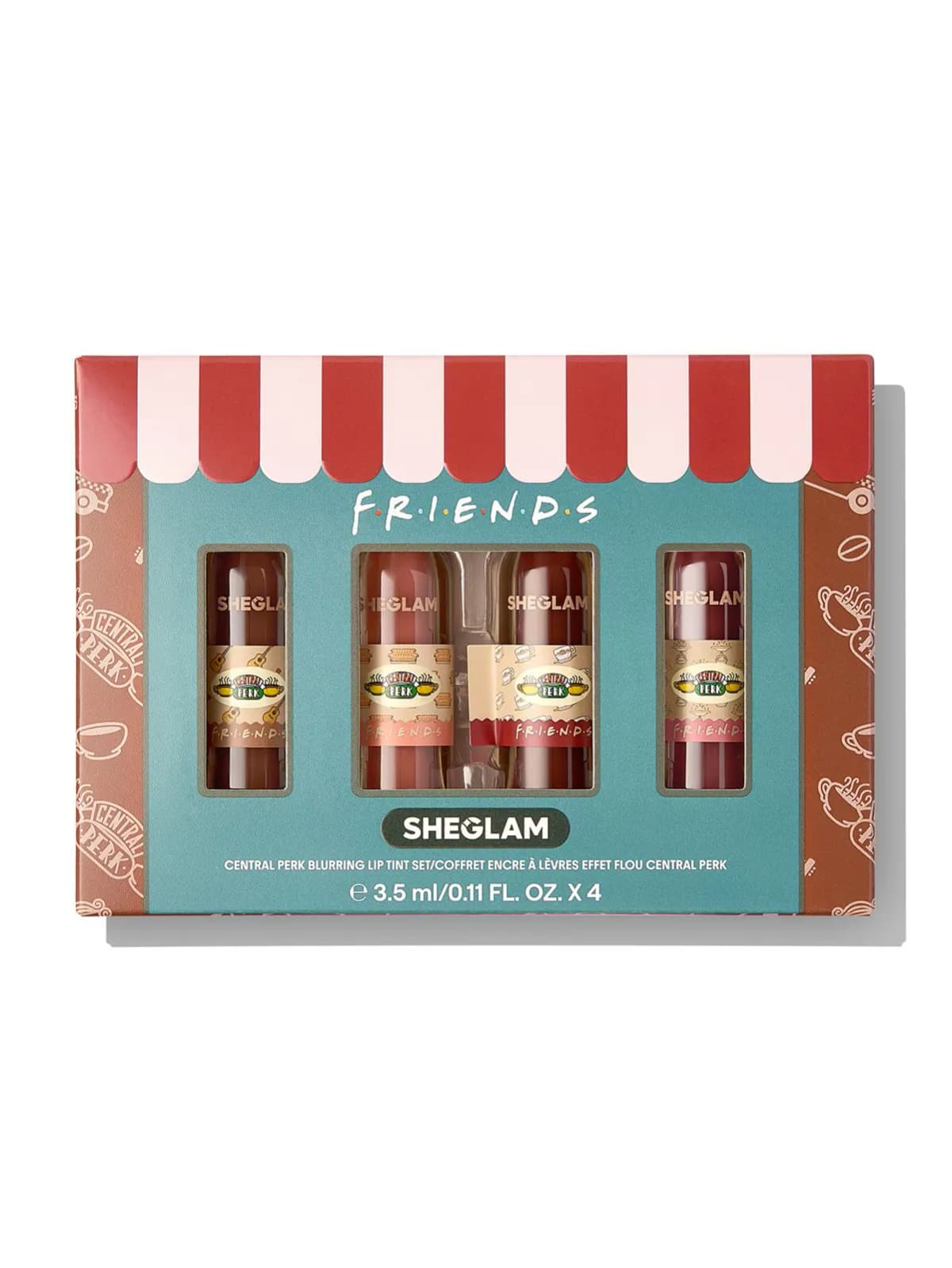 Central Perk Blurring Lip Tint Set box with a striped awning and four tint bottles behind window cutouts