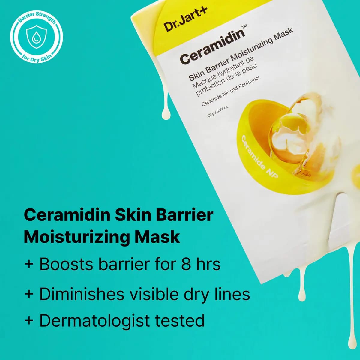 Yellow and white Ceramidin Skin Barrier Moisturizing Mask pouch dripping cream on a teal background