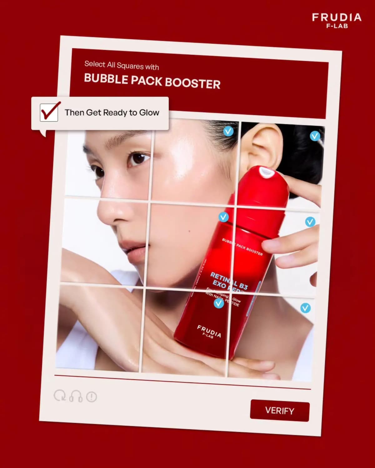 Captcha-style grid of a model with dewy skin holding the red booster bottle, captioned "Then Get Ready to Glow".