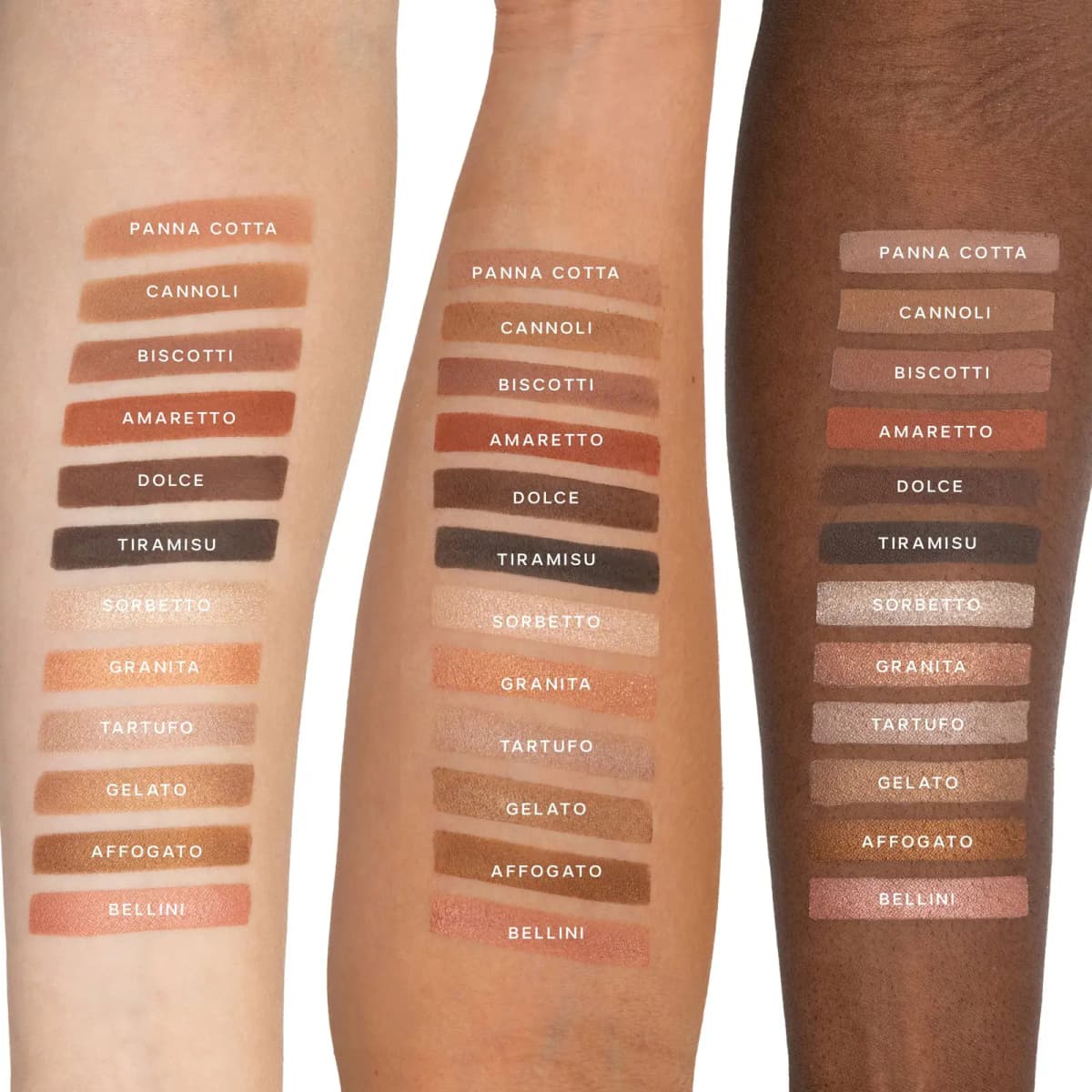 Arm swatches of 12 Saie eyeshadow shades, Panna Cotta to Bellini, on light, medium and deep skin tones