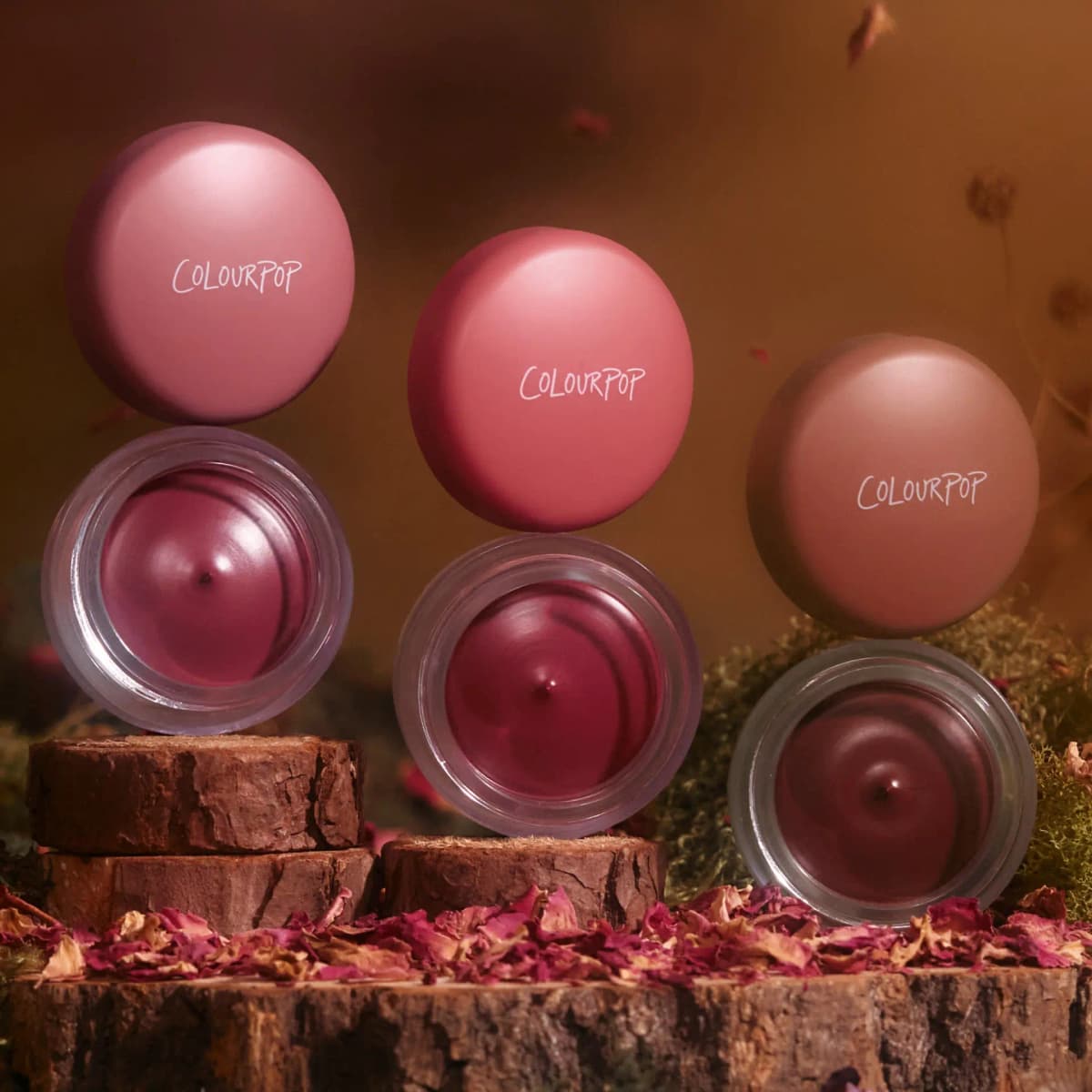 Three ColourPop pots in berry, deep rose and brown with lids floating above, on bark among rose petals