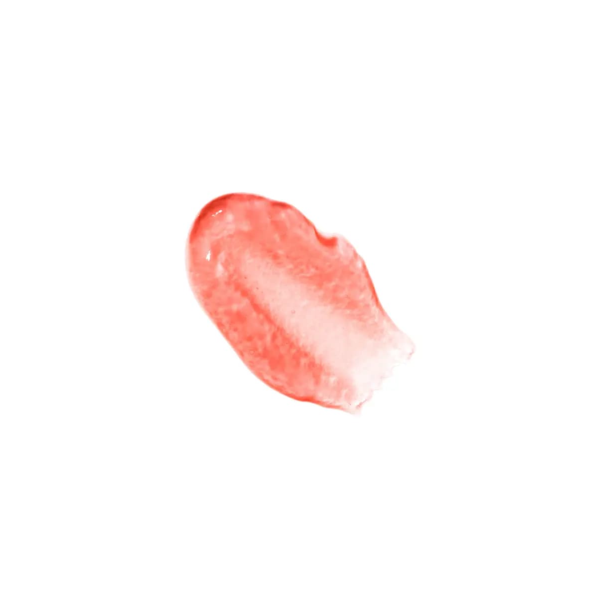 Glossy swatch of sheer coral-red lip oil smeared on white, showing a translucent, gel-like texture.