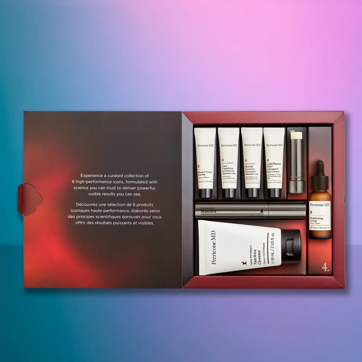 Open calendar tray revealing white tubes, lip balm, mascara, amber Vitamin C Ester serum and Nutritive Cleanser