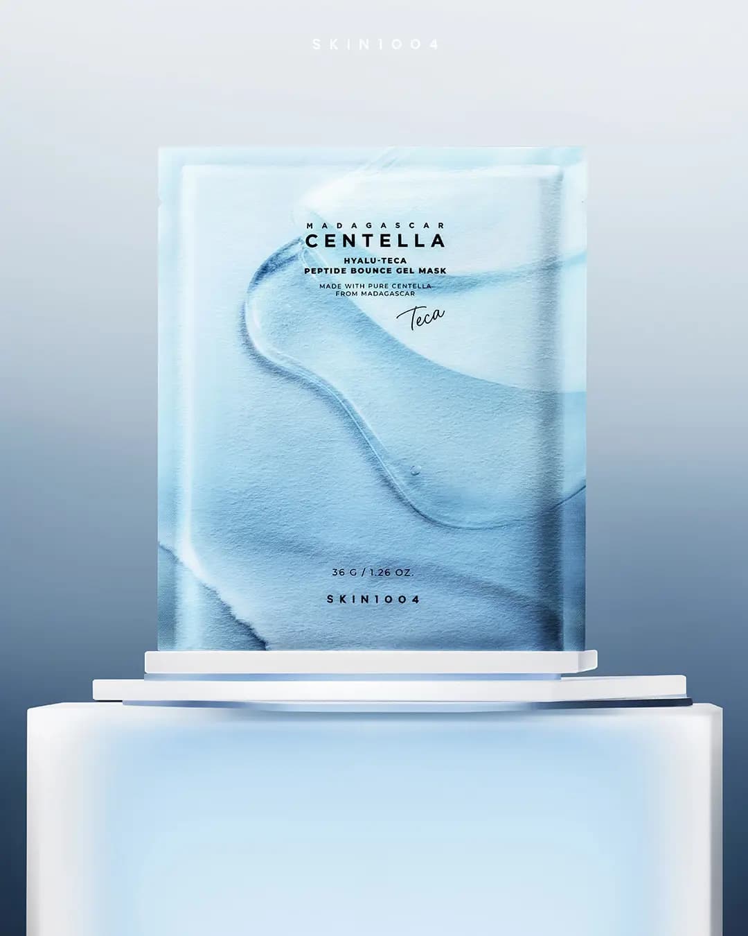SKIN1004 Madagascar Centella Hyalu-Teca Peptide Bounce Gel Mask sachet with blue gel-swirl print on a white pedestal