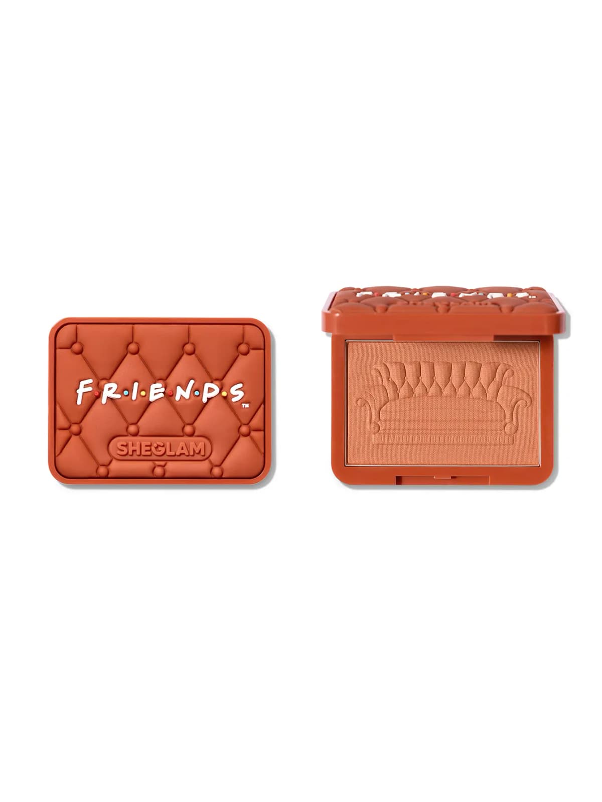 Take A Seat Velvet Sofa Blush in a tufted rust compact, open to show a peach powder embossed with a sofa