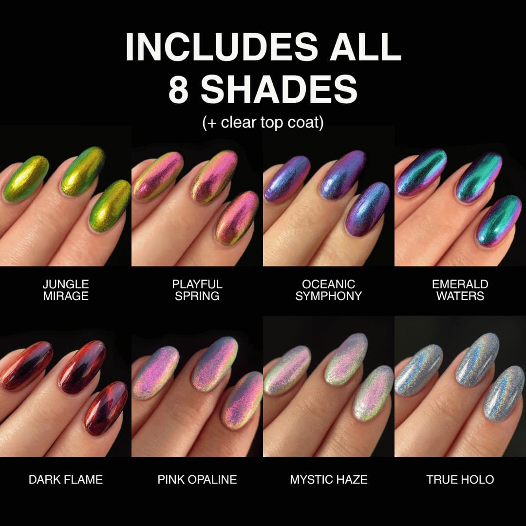 Grid of eight nail swatches on light skin labelled Jungle Mirage, Playful Spring, Oceanic Symphony, Emerald Waters and more