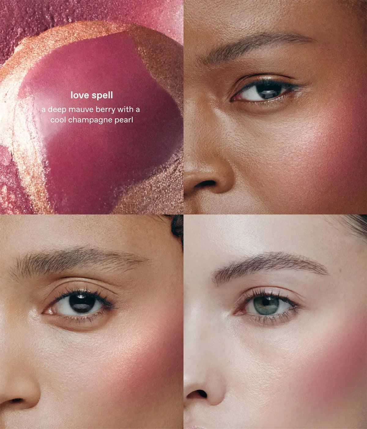 Love spell swirl swatch of deep mauve berry and champagne pearl beside three cheek close-ups wearing it
