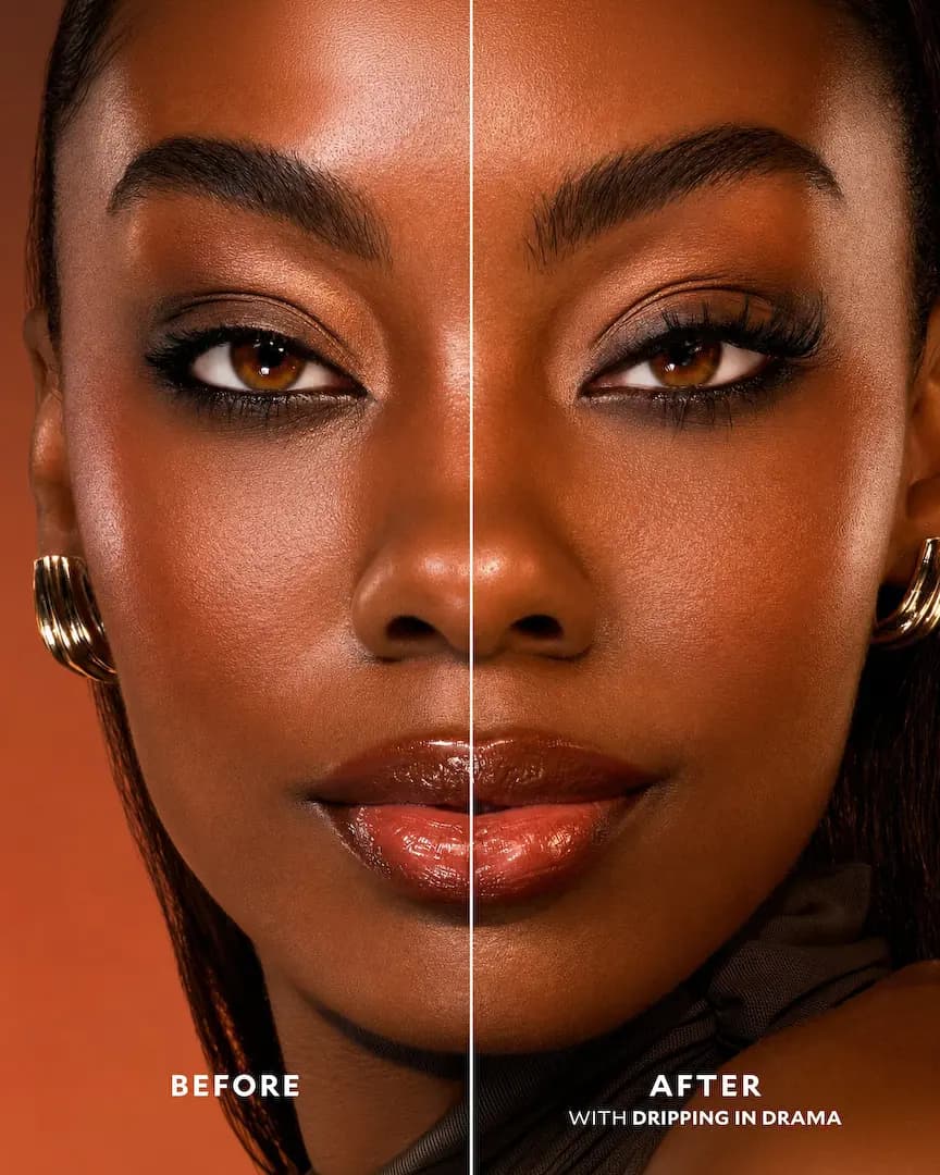 Before-and-after split face showing fuller, longer lashes with Dripping in Drama on a bronze-eyed model