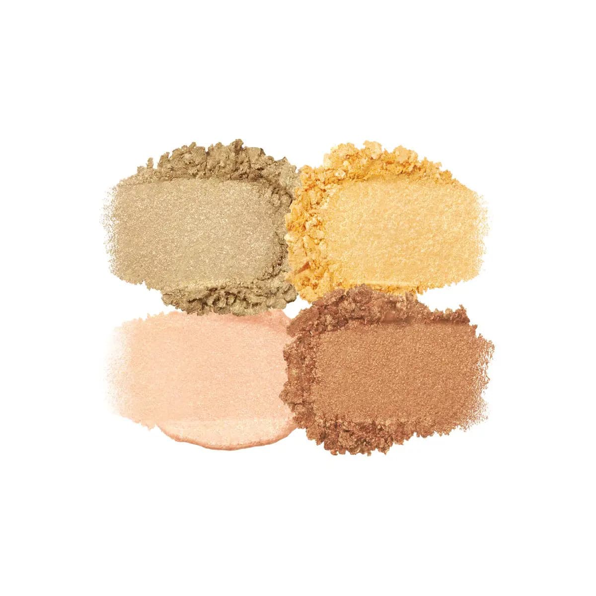 Swatches of four shimmering eyeshadows in champagne gold, bright yellow gold, soft peach and warm bronze