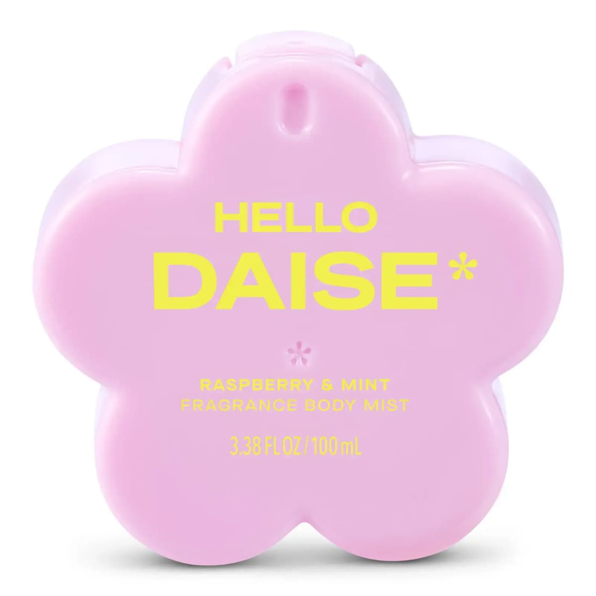 Mini Brands miniature replica of the pink flower-shaped Hello Daise Raspberry & Mint Fragrance Body Mist bottle, 100 mL, with yellow text