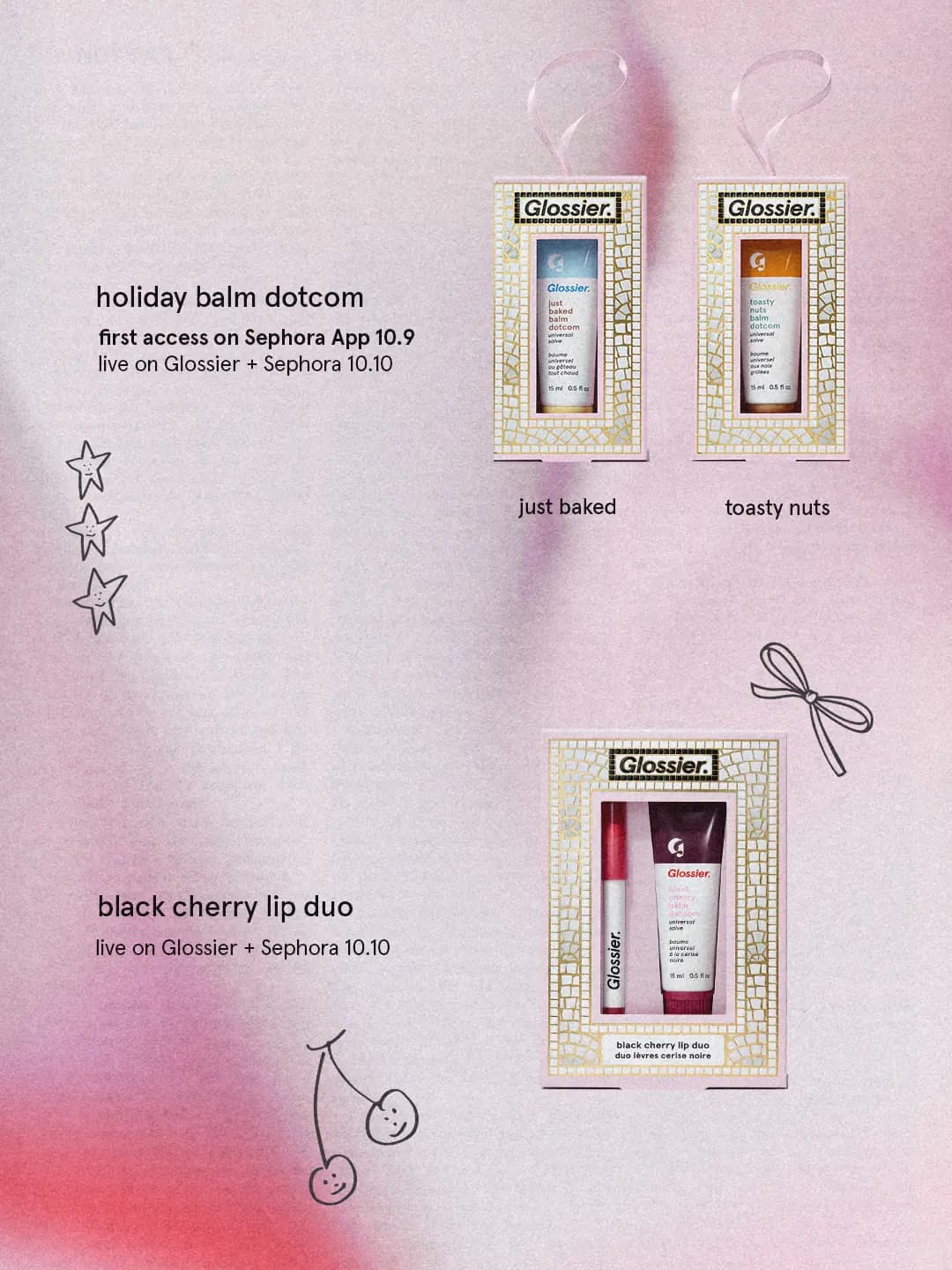 Just Baked and Toasty Nuts Balm Dotcom ornament boxes beside the black cherry lip duo with doodled stars and cherries