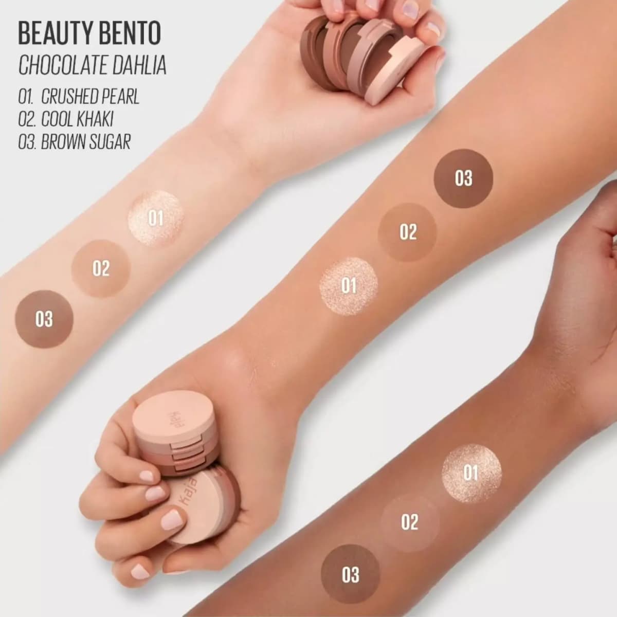 Chocolate Dahlia swatches of Crushed Pearl, Cool Khaki and Brown Sugar on light, medium and deep arms.