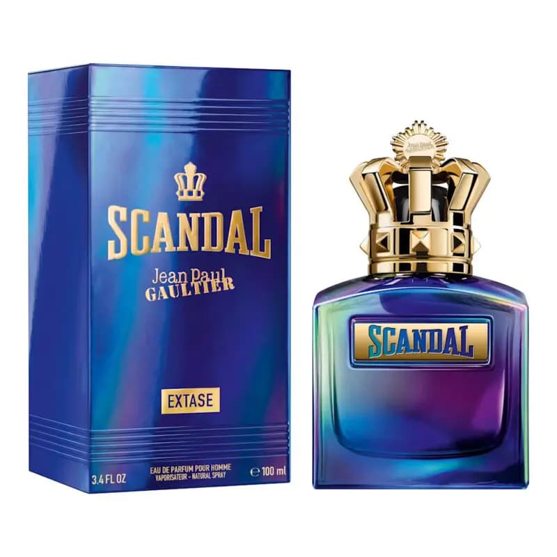 Blue holographic Extase pour homme box with gold crown emblem beside the crowned men's bottle, 100 ml