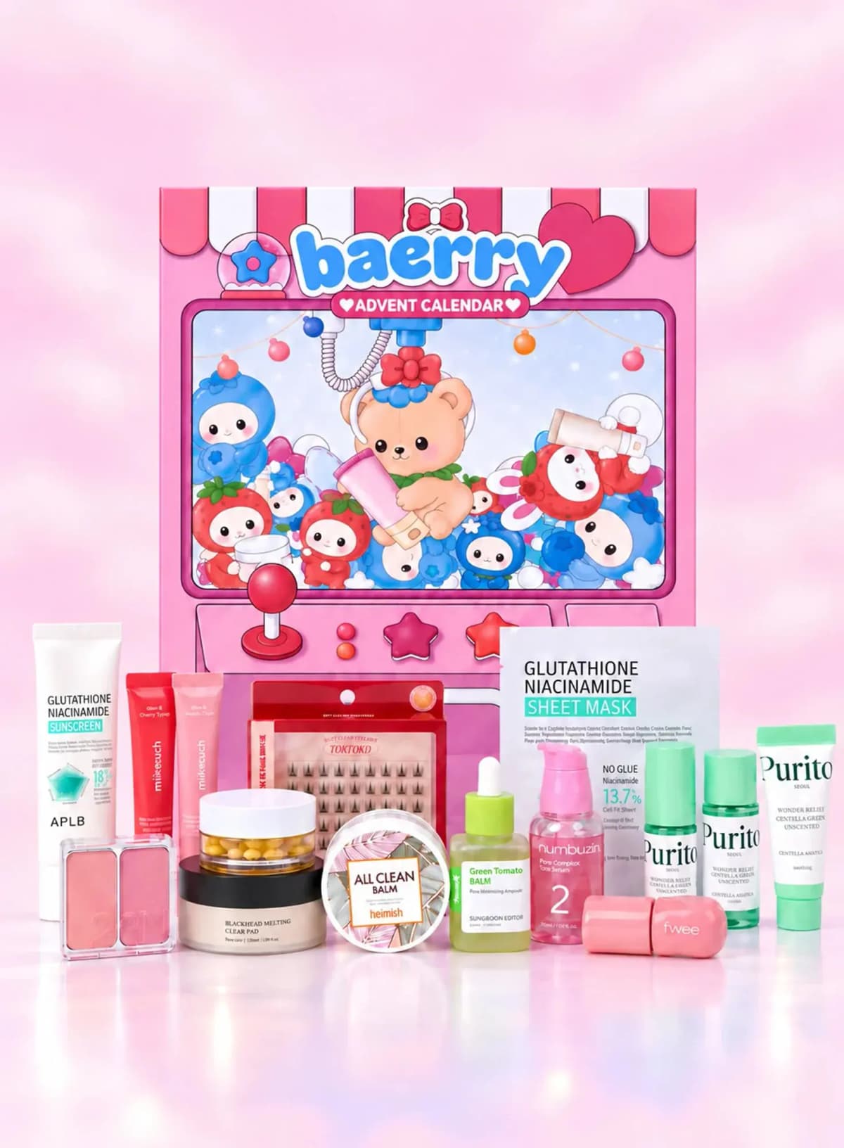 Pink Baerry Advent Calendar box displayed with APLB sunscreen, TOKTOK lashes, Purito minis and other K-beauty products