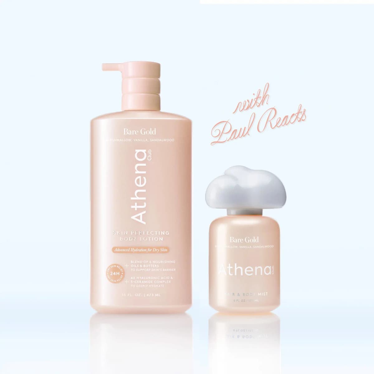 Athena Club Bare Gold Skin Perfecting Body Lotion and Hair & Body Mist, peach bottles with a 'with Paul Reacts' script