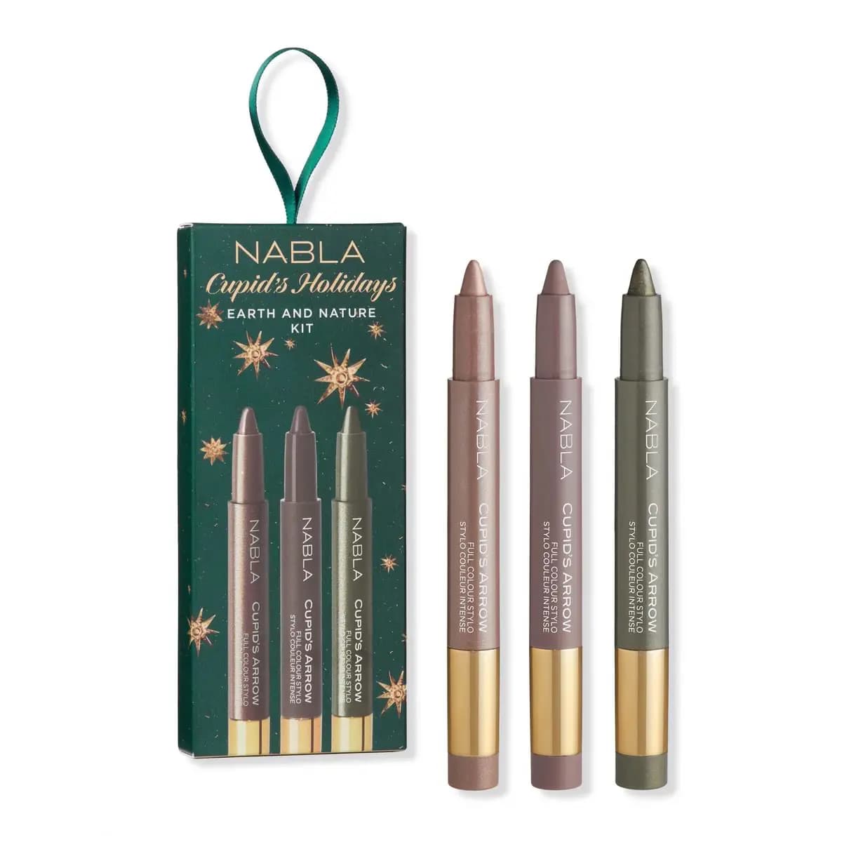 Green Cupid's Holidays Earth and Nature Kit ornament box with taupe, mauve and olive shimmer pencils