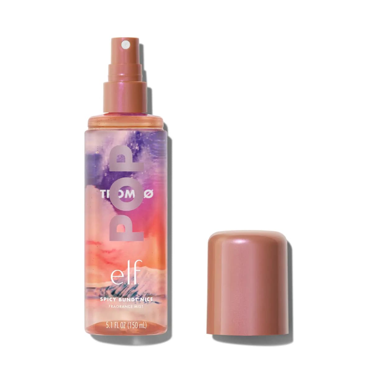 E.l.f. POP Spicy Bundt Nice Fragrance Mist, 5.1 fl oz (150 mL), in watercolour sunset bottle beside its rose-bronze cap.