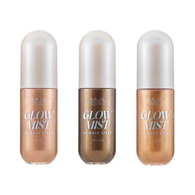 Three MUA Glow Mist Shimmer Sprays in Pearl, Bronze and Gold, with pearly white caps, on a white background.
